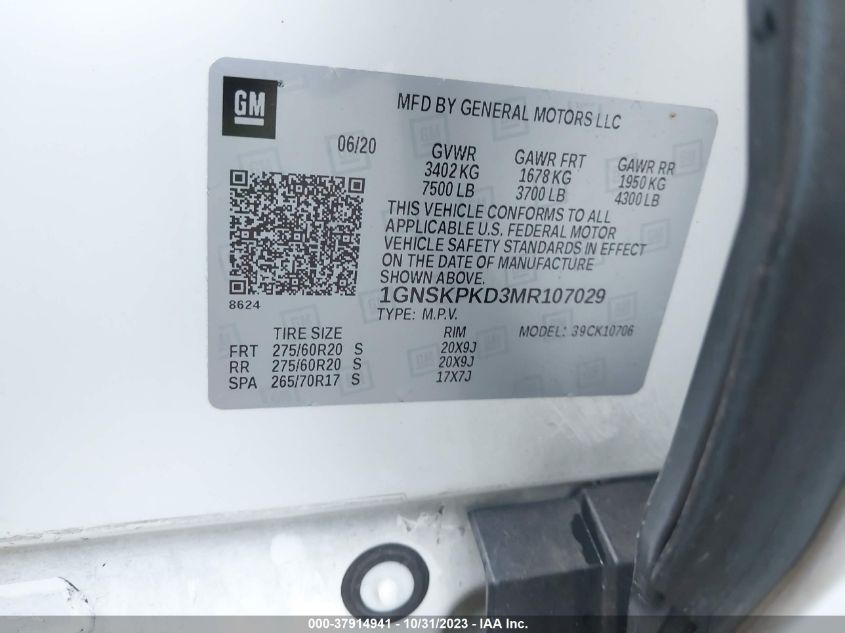 2021 CHEVROLET TAHOE Z71 - 1GNSKPKD3MR107029