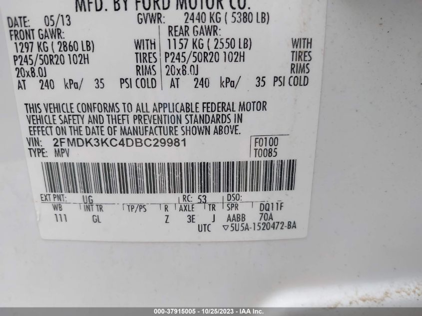2013 FORD EDGE LIMITED - 2FMDK3KC4DBC29981