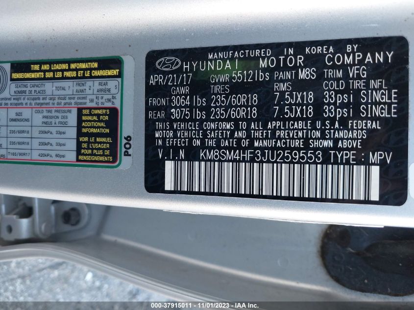 2018 HYUNDAI SANTA FE SE - KM8SM4HF3JU259553