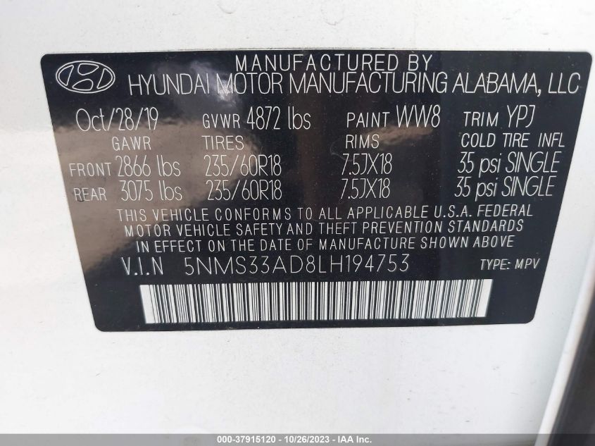 2020 HYUNDAI SANTA FE SEL - 5NMS33AD8LH194753