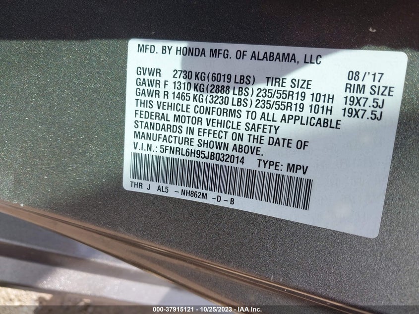 VIN 5FNRL6H95JB032014 2018 HONDA ODYSSEY ELITE