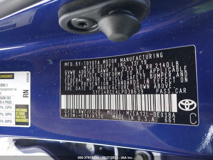VIN 5YFS4RCE4LP038639 2020 TOYOTA COROLLA SE/NIGHT SHADE
