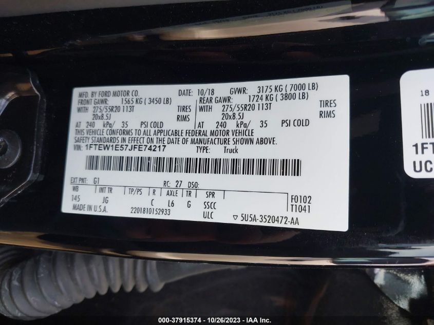 2018 FORD F-150 XL/XLT/LARIAT - 1FTEW1E57JFE74217