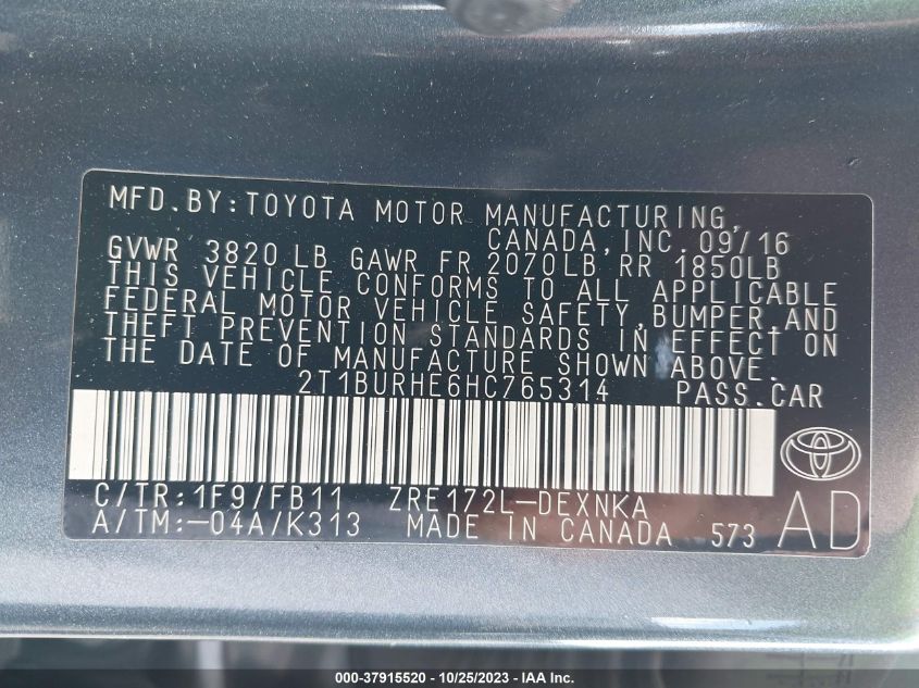 2017 TOYOTA COROLLA L/LE/XLE/SE/XSE - 2T1BURHE6HC765314