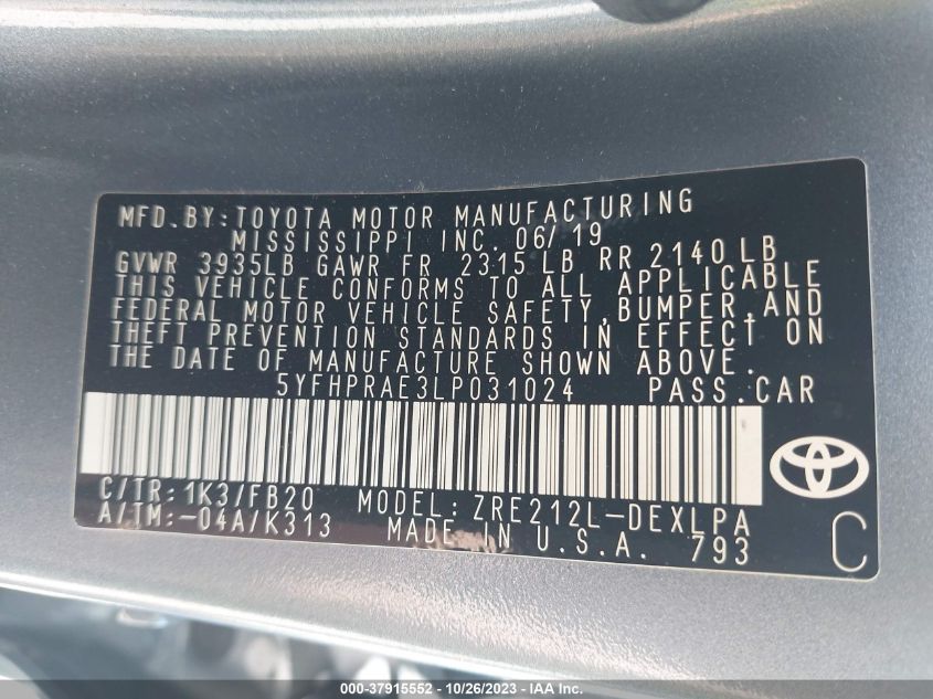 2020 TOYOTA COROLLA LE 5YFHPRAE3LP031024