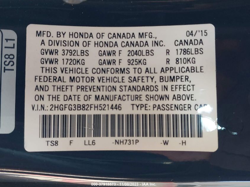 2015 HONDA CIVIC COUPE EX 2HGFG3B82FH521446