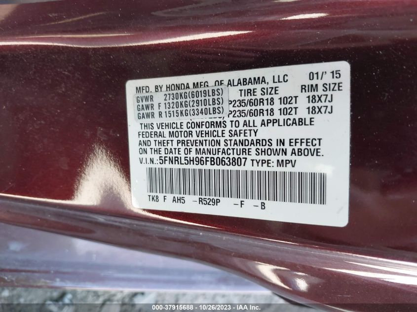 2015 HONDA ODYSSEY TOURING - 5FNRL5H96FB063807