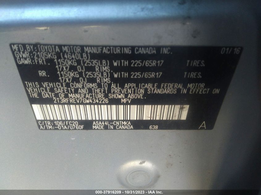 2016 TOYOTA RAV4 XLE - 2T3RFREV7GW434226
