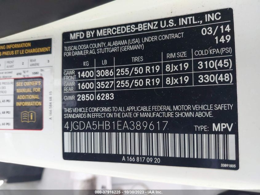 2014 MERCEDES-BENZ ML 350 4JGDA5HB1EA389617