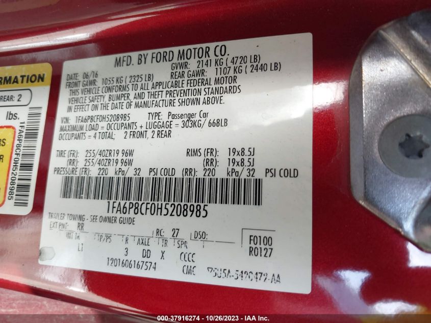 2017 FORD MUSTANG GT - 1FA6P8CF0H5208985