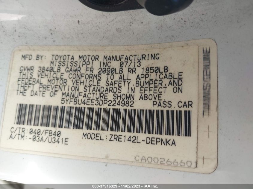 2013 TOYOTA COROLLA S/LE - 5YFBU4EE3DP224982