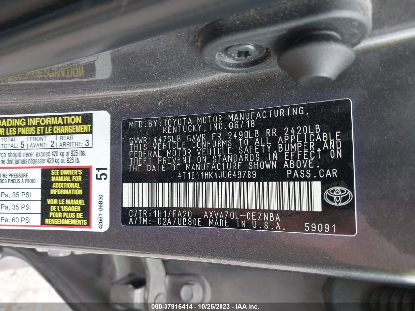 2018 TOYOTA CAMRY LE/SE/XLE/L - 4T1B11HK4JU649789