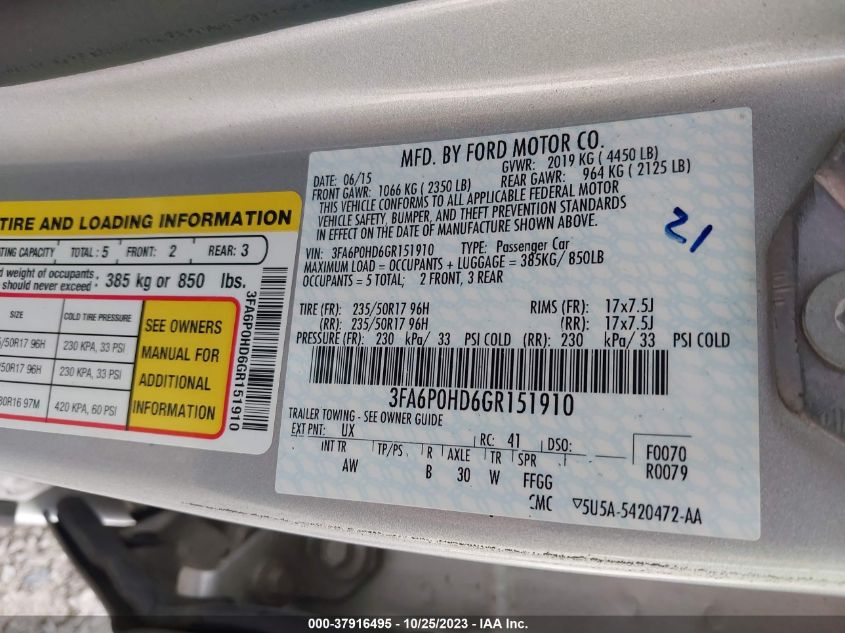 2016 FORD FUSION SE - 3FA6P0HD6GR151910