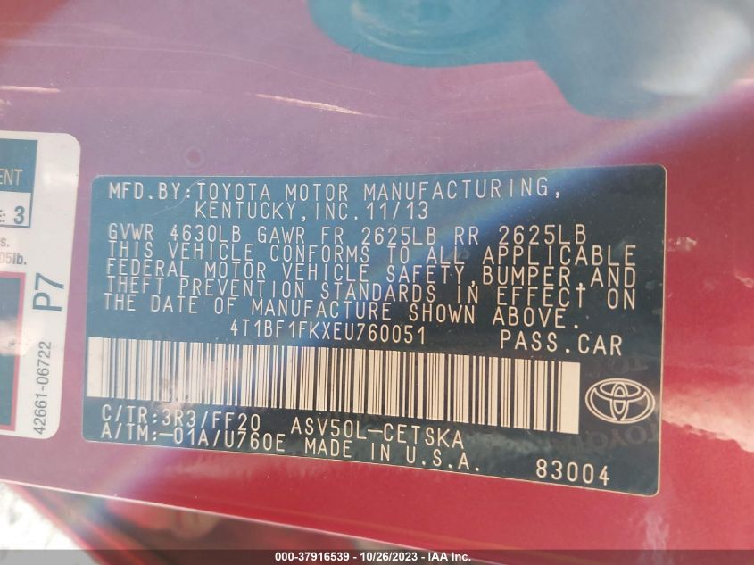 2014 TOYOTA CAMRY L/LE/XLE/SE/SE SPORT - 4T1BF1FKXEU760051