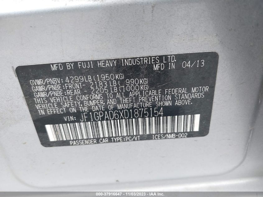 2013 SUBARU IMPREZA WAGON 2.0I PREMIUM JF1GPAD6XD1875154