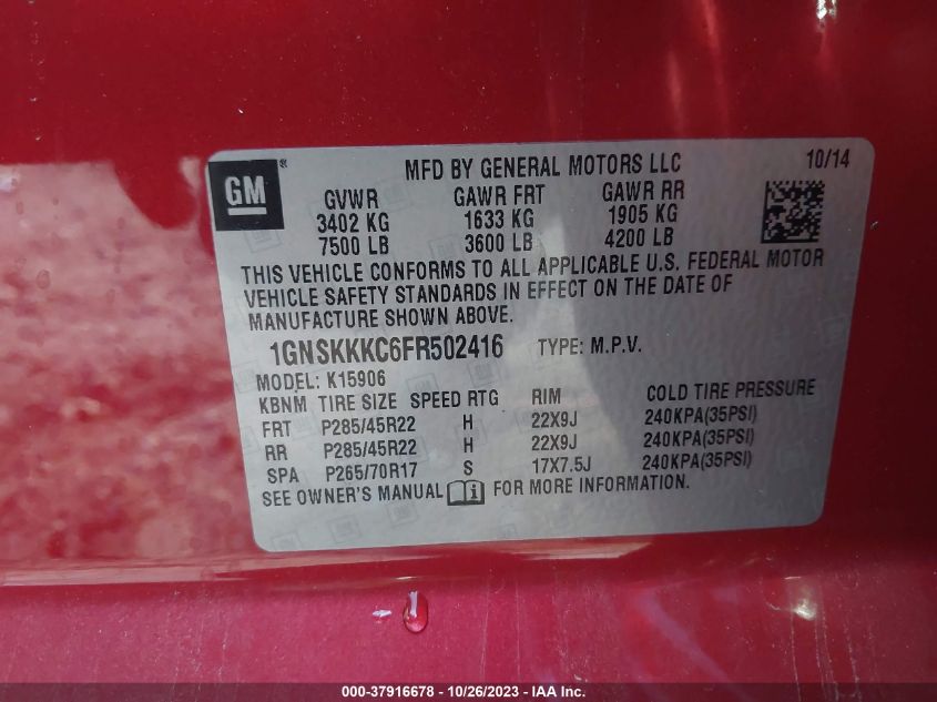 2015 CHEVROLET SUBURBAN 1500 LTZ 1GNSKKKC6FR502416