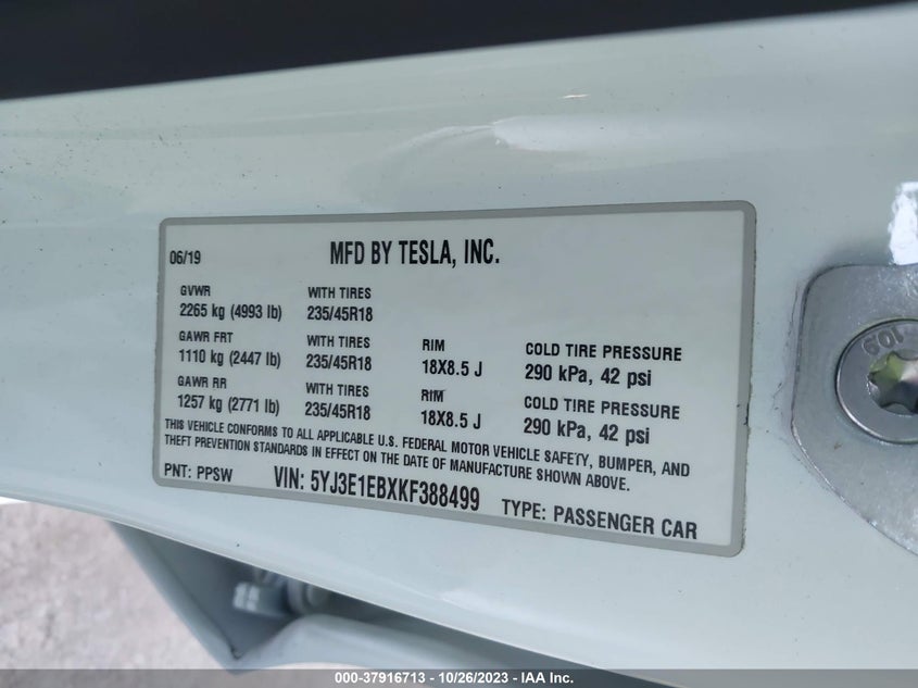 VIN 5YJ3E1EBXKF388499 2019 TESLA MODEL 3 LONG RANGE/PERFORMANCE