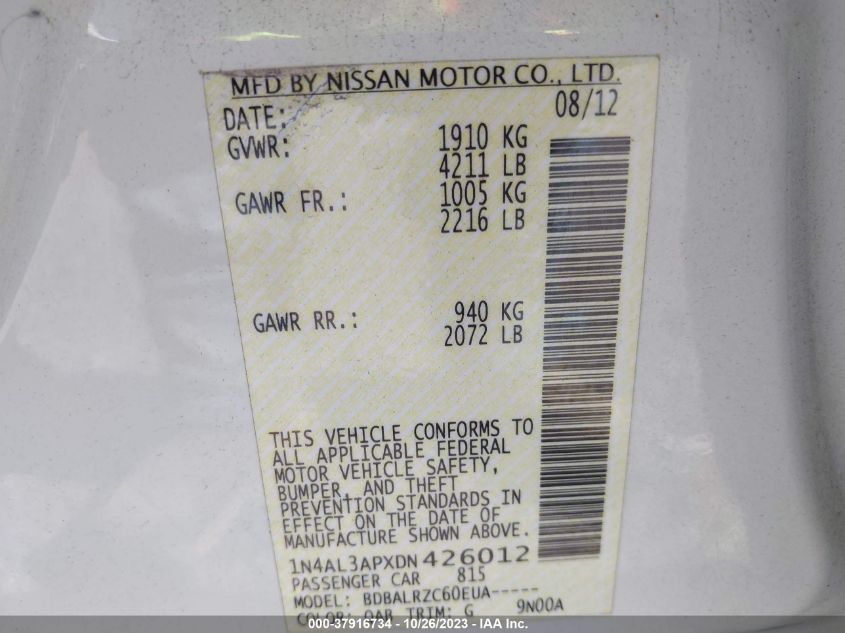 2013 NISSAN ALTIMA 2.5 S - 1N4AL3APXDN426012