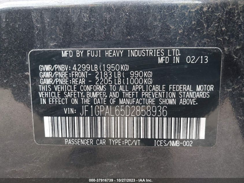 2013 SUBARU IMPREZA WAGON 2.0I SPORT PREMIUM JF1GPAL65D2858936