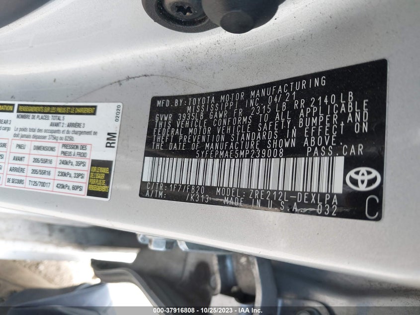 VIN 5YFEPMAE5MP239008 2021 TOYOTA COROLLA LE
