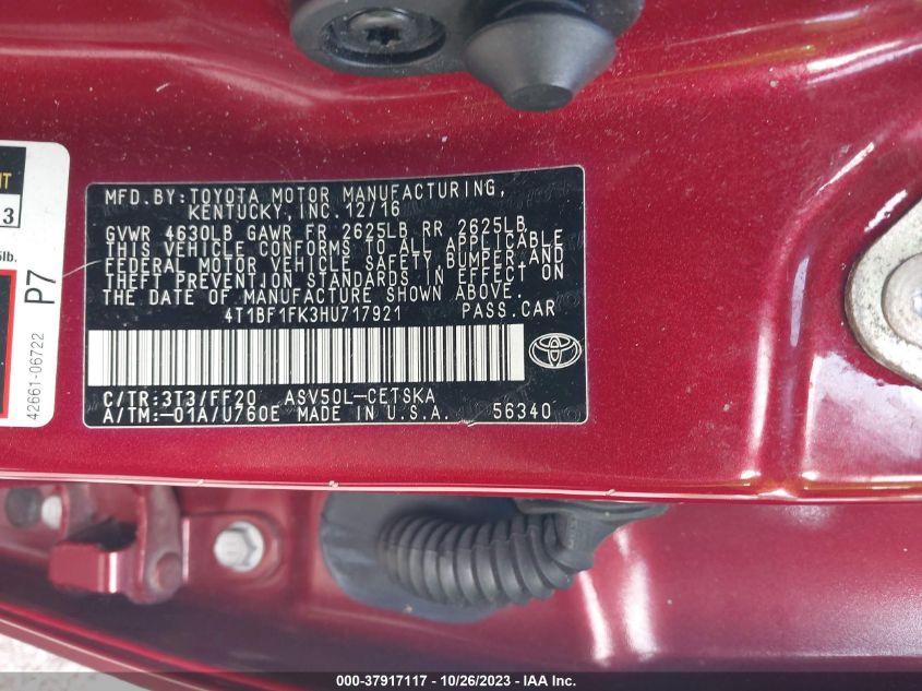 2017 TOYOTA CAMRY XLE/SE/LE/XSE - 4T1BF1FK3HU717921