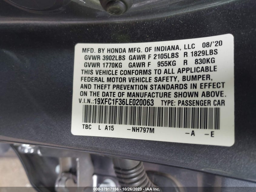 VIN 19XFC1F36LE020063 2020 HONDA CIVIC SEDAN EX