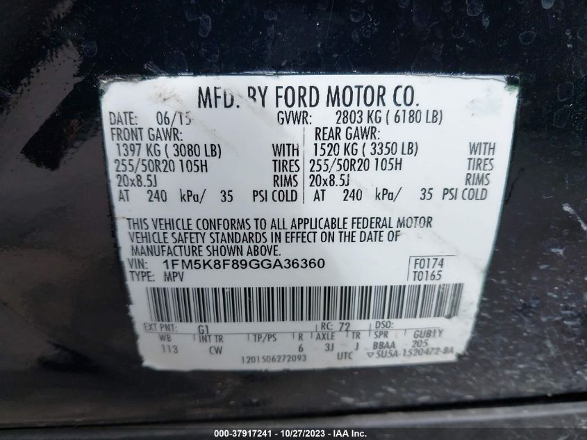 2016 FORD EXPLORER LIMITED - 1FM5K8F89GGA36360