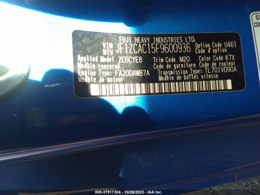 2015 SUBARU BRZ LIMITED - JF1ZCAD15F9600936