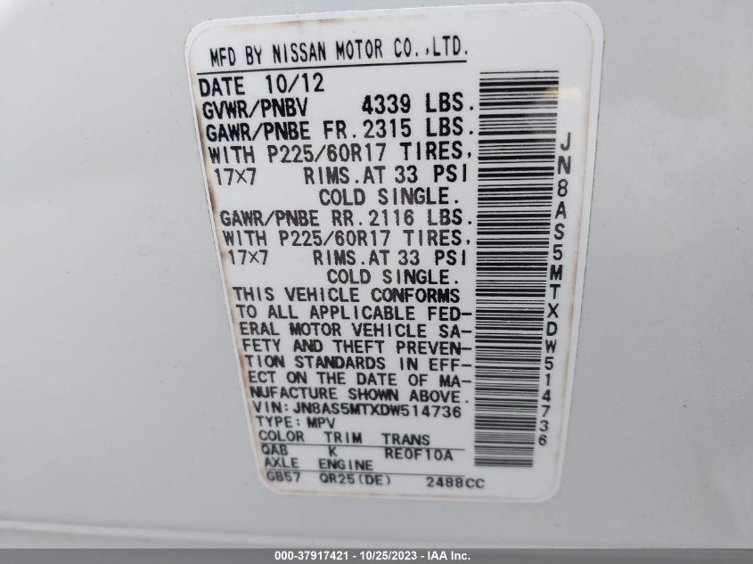 2013 NISSAN ROGUE SV - JN8AS5MTXDW514736