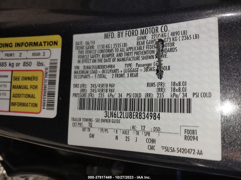 2014 LINCOLN MKZ HYBRID - 3LN6L2LU8ER834984