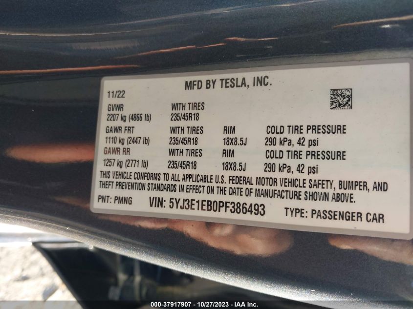2023 TESLA MODEL 3 LONG RANGE - 5YJ3E1EB0PF386493