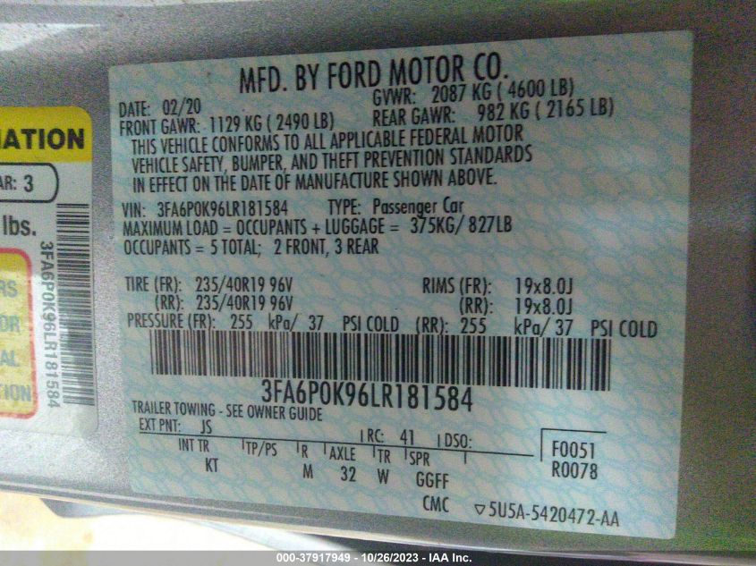 2020 FORD FUSION TITANIUM - 3FA6P0K96LR181584