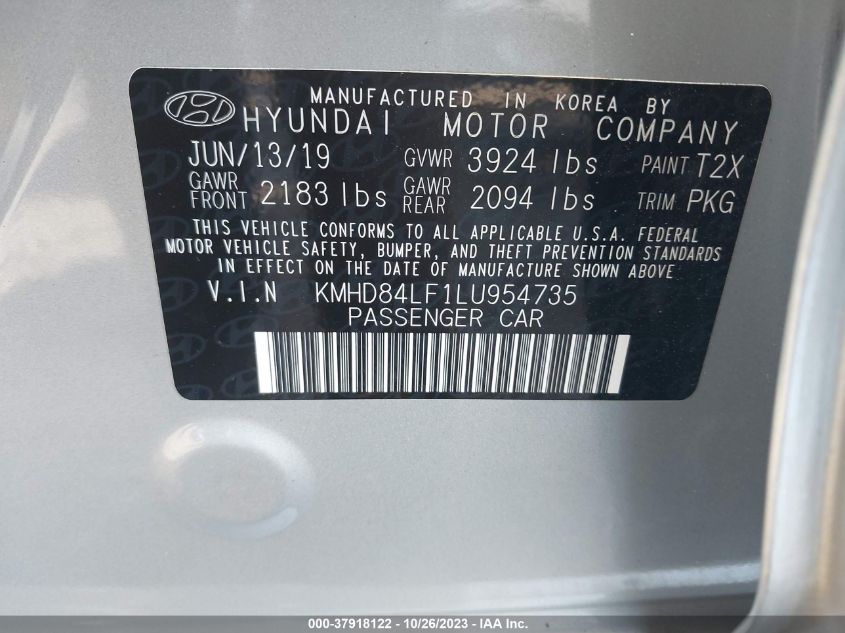 2020 HYUNDAI ELANTRA LIMITED - KMHD84LF1LU954735