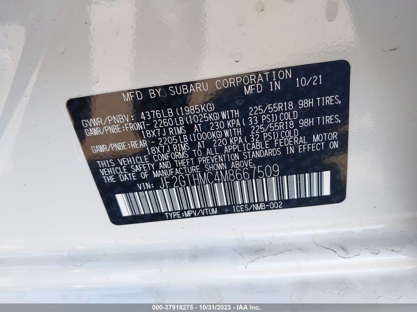 VIN JF2GTHMC4M8667509 2021 SUBARU CROSSTREK LIMITED