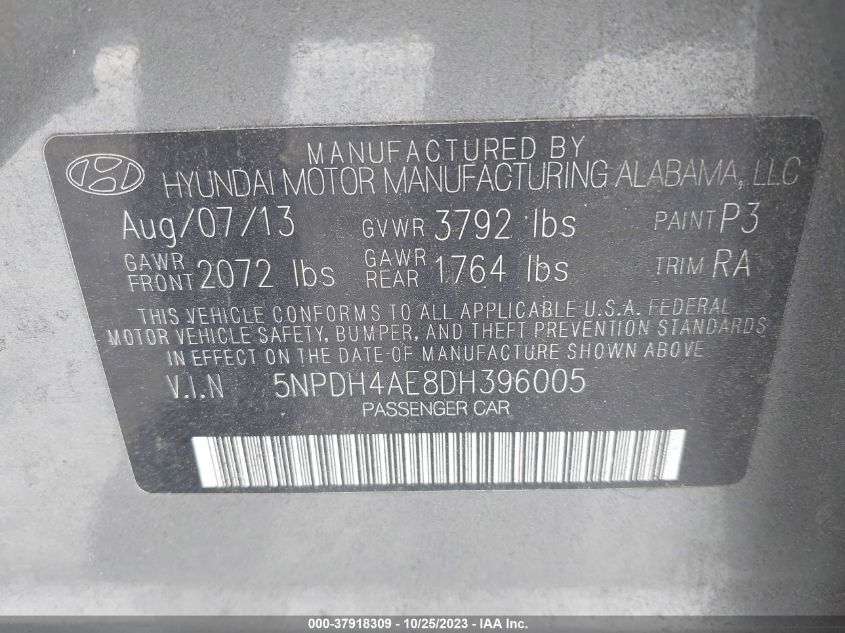 2013 HYUNDAI ELANTRA GLS - 5NPDH4AE8DH396005