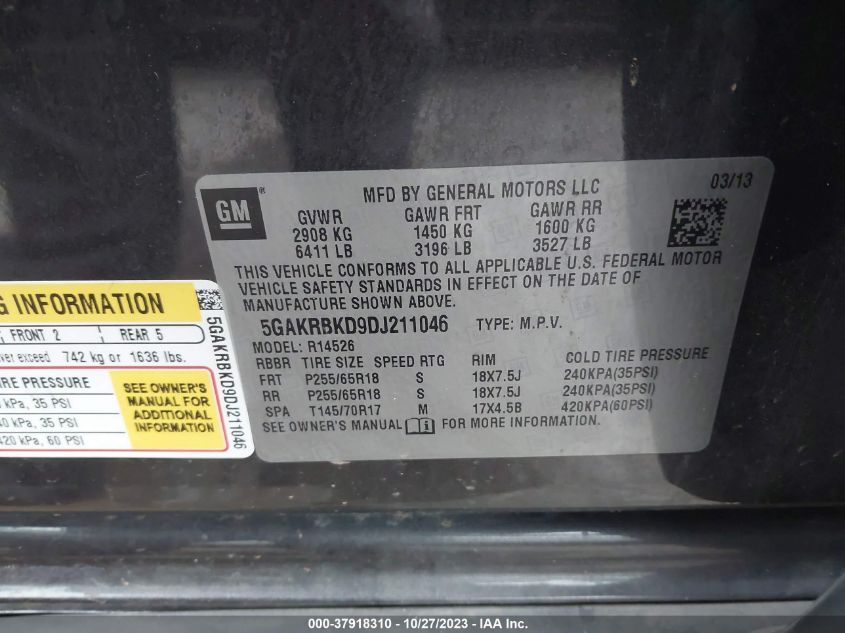 2013 BUICK ENCLAVE CONVENIENCE - 5GAKRBKD9DJ211046