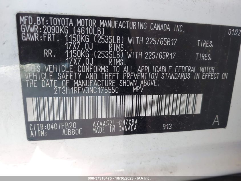 2022 TOYOTA RAV4 LE - 2T3H1RFV3NC175550