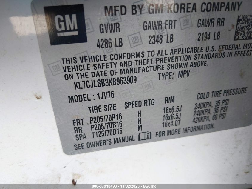 2019 CHEVROLET TRAX LT - KL7CJLSB3KB963909