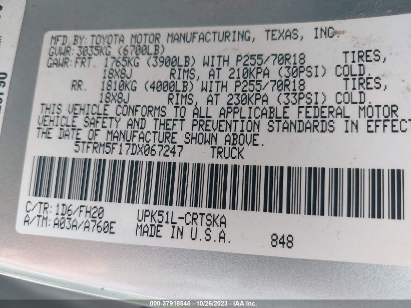 2013 TOYOTA TUNDRA 2WD TRUCK - 5TFRM5F17DX067247