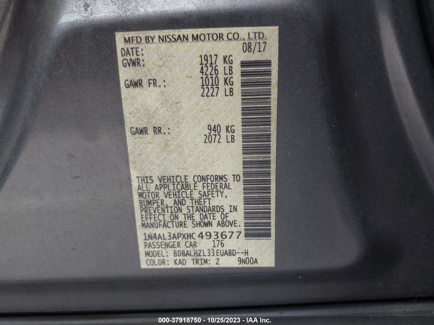 VIN 1N4AL3APXHC493677 2017 NISSAN ALTIMA 2.5/S/SV/SL/SR