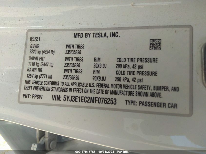 2021 TESLA MODEL 3 - 5YJ3E1EC2MF076253