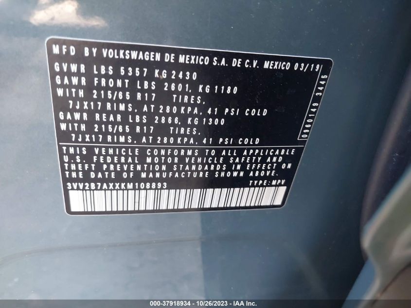 2019 VOLKSWAGEN TIGUAN SE/SEL/SEL R-LINE JET-BLA - 3VV2B7AXXKM108893