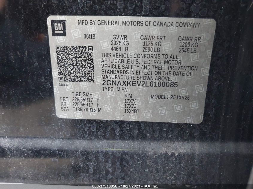 2020 CHEVROLET EQUINOX LT - 2GNAXKEV2L6100085