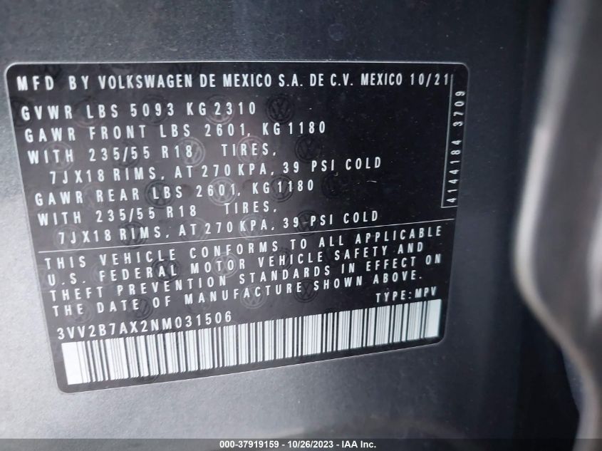2022 VOLKSWAGEN TIGUAN SE - 3VV2B7AX2NM031506