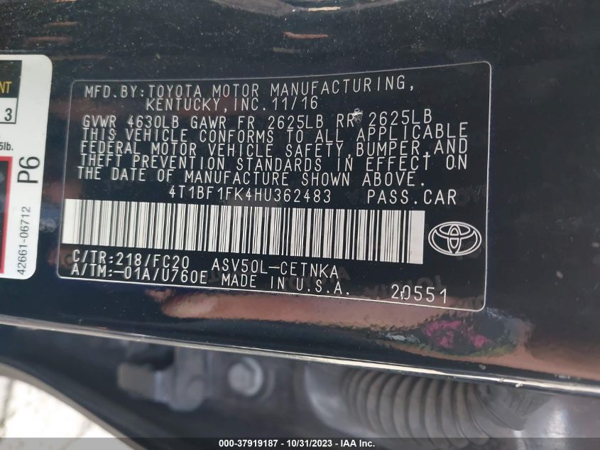2017 TOYOTA CAMRY LE/XLE/SE/XSE - 4T1BF1FK4HU362483