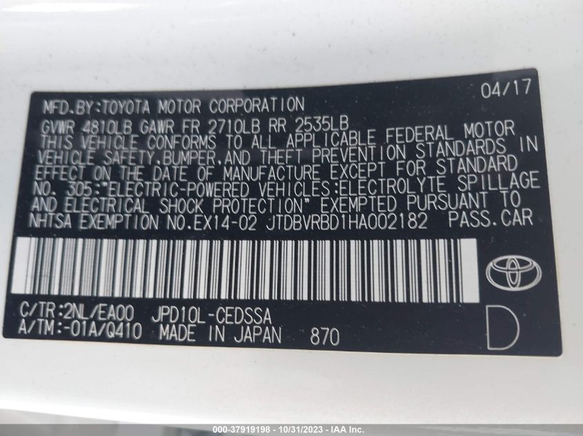 2017 TOYOTA MIRAI JTDBVRBD1HA002182