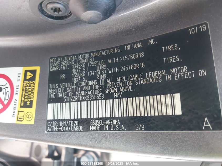 2019 TOYOTA HIGHLANDER LE - 5TDZZRFHXKS358558