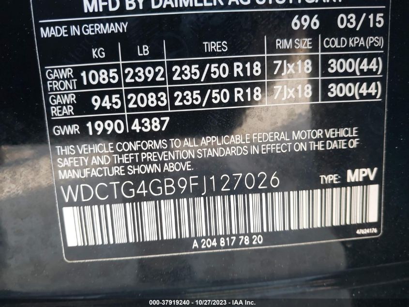 2015 MERCEDES-BENZ GLA 250 WDCTG4GB9FJ127026