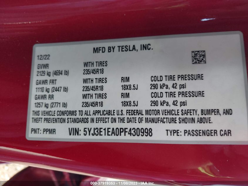 2023 TESLA MODEL 3 - 5YJ3E1EA0PF430998