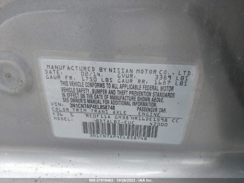 2014 NISSAN VERSA S/S PLUS/SV/SL - 3N1CN7AP4EL858748